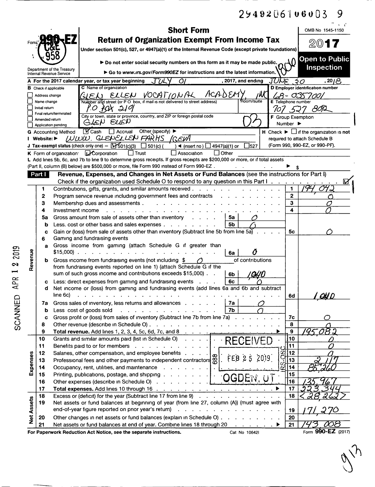 Image of first page of 2017 Form 990EZ for Glen Ellen Vocational Academy (GEVA)