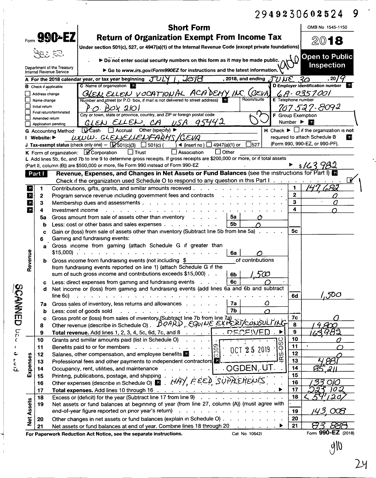 Image of first page of 2018 Form 990EZ for Glen Ellen Vocational Academy (GEVA)