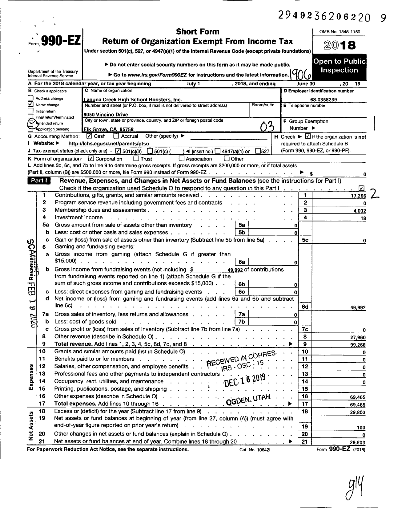 Image of first page of 2018 Form 990EZ for Laguna Creek High School Ptso