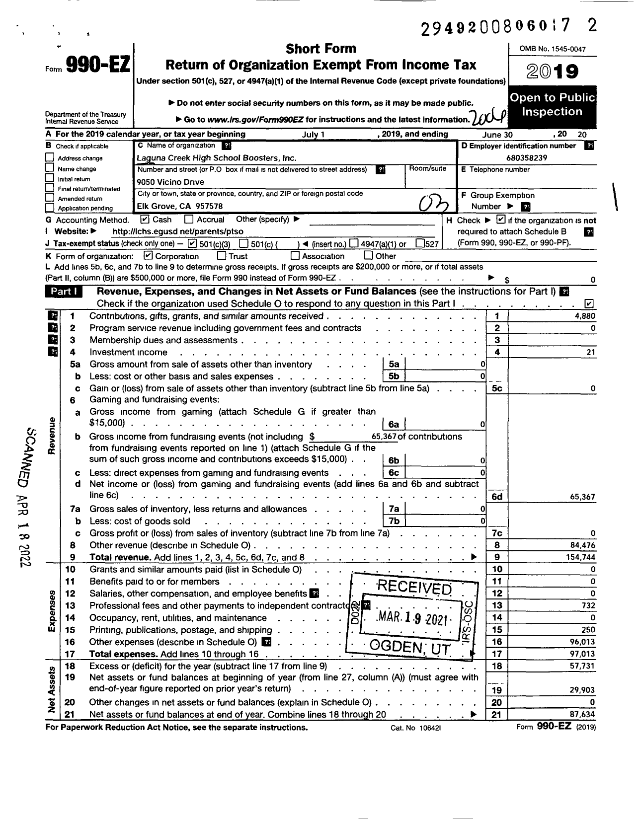 Image of first page of 2019 Form 990EZ for Laguna Creek High School Ptso