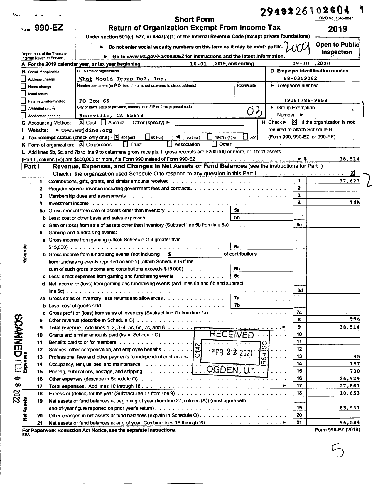 Image of first page of 2019 Form 990EZ for What Would Jesus Do