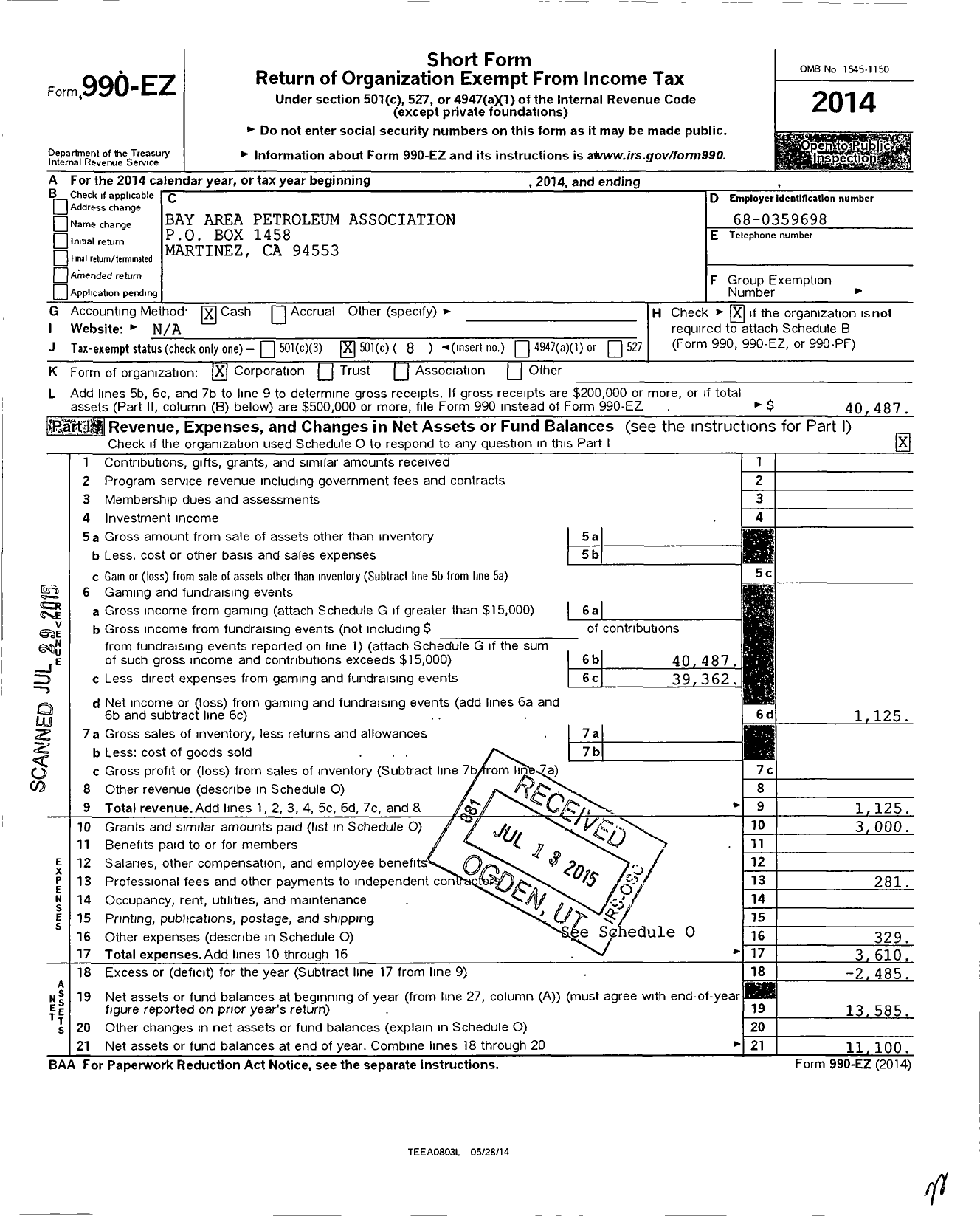 Image of first page of 2014 Form 990EO for Bay Area Petroleum Association