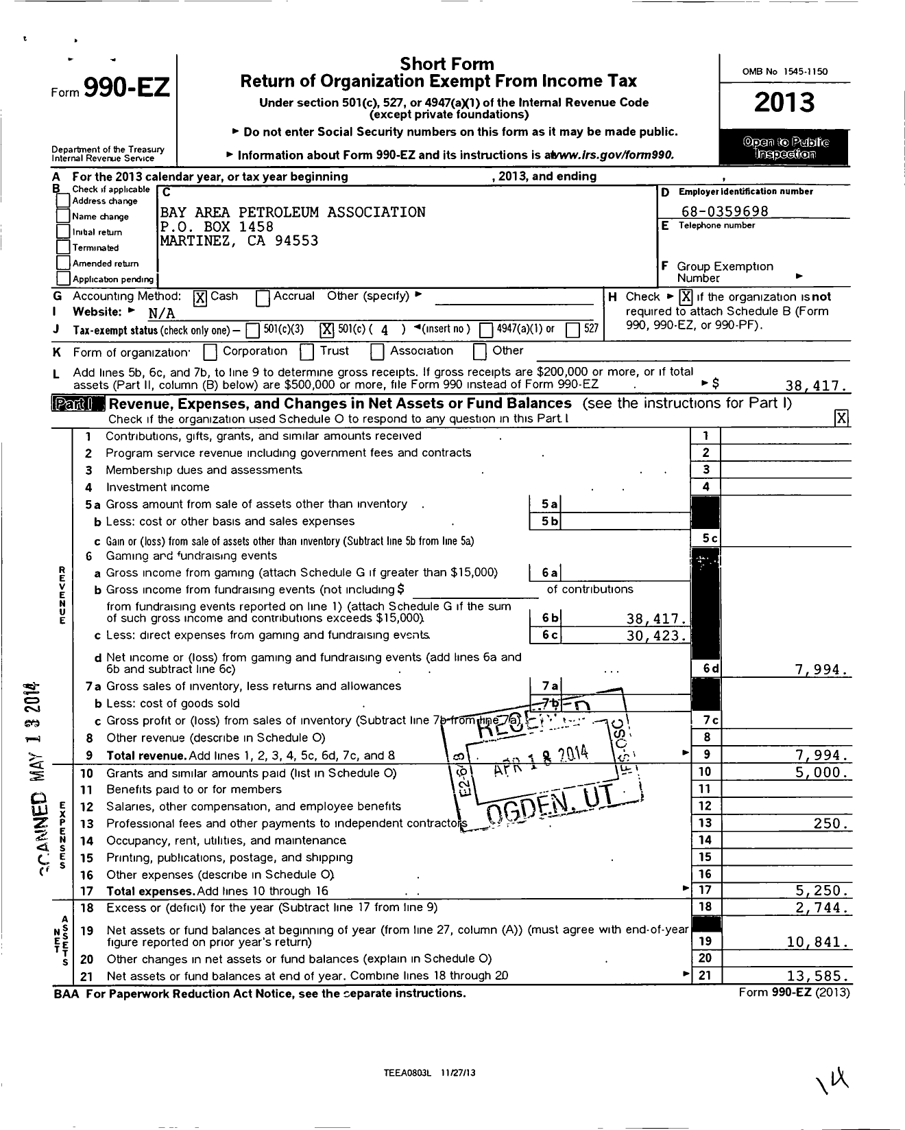 Image of first page of 2013 Form 990EO for Bay Area Petroleum Association