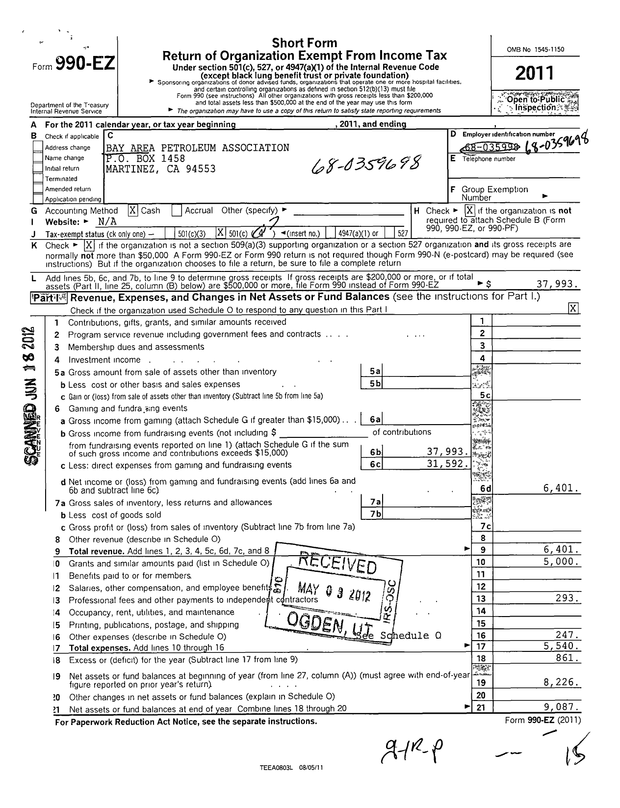 Image of first page of 2011 Form 990EO for Bay Area Petroleum Association