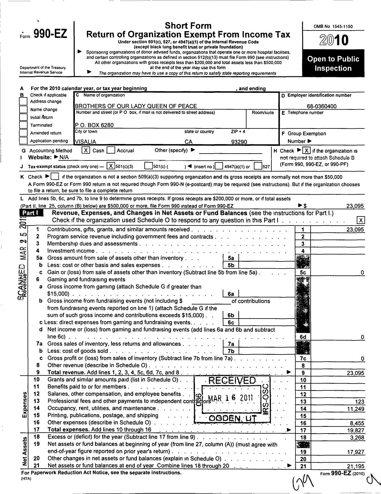 Image of first page of 2010 Form 990EZ for Brothers of Our Lady Queen of Peace