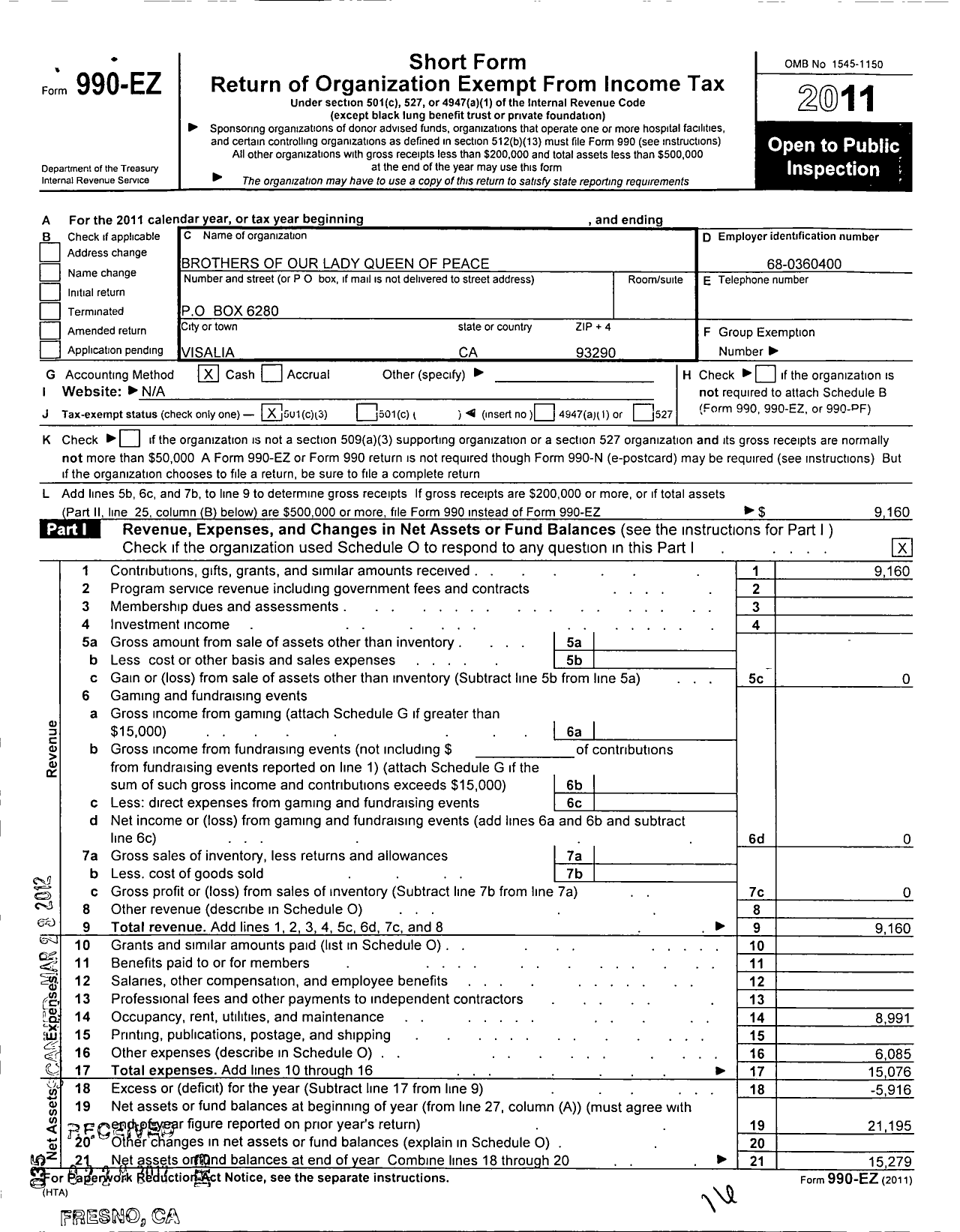 Image of first page of 2011 Form 990EZ for Brothers of Our Lady Queen of Peace