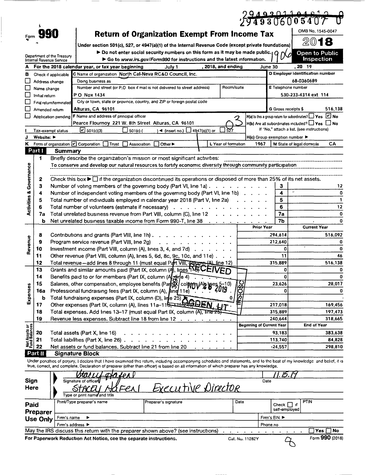 Image of first page of 2018 Form 990 for North Cal Neva Resource Conservation and Development Council