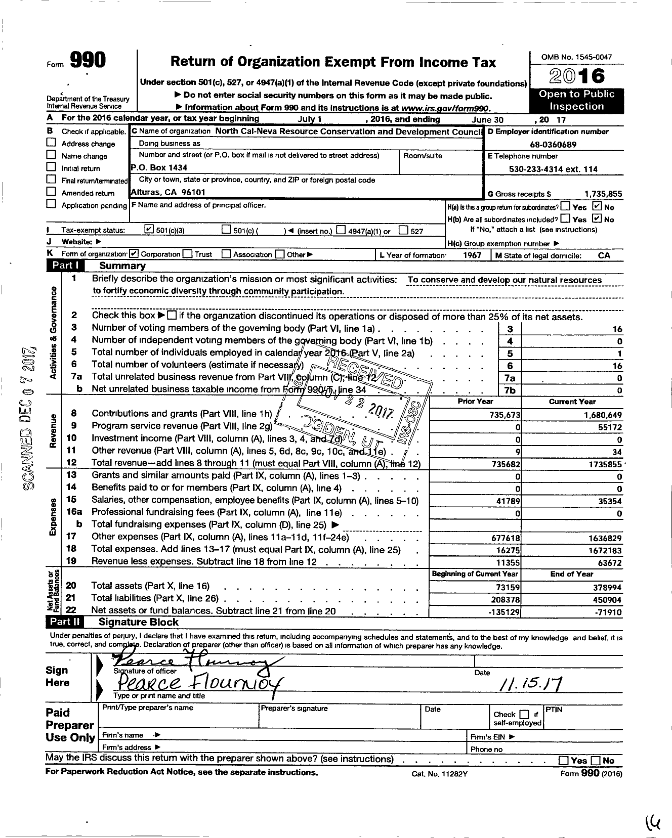 Image of first page of 2016 Form 990 for North Cal Neva Resource Conservation and Development Council