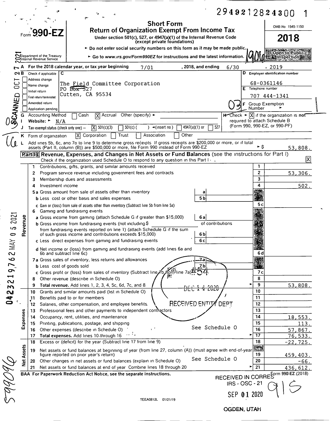 Image of first page of 2018 Form 990EZ for The Field Committee Corporation