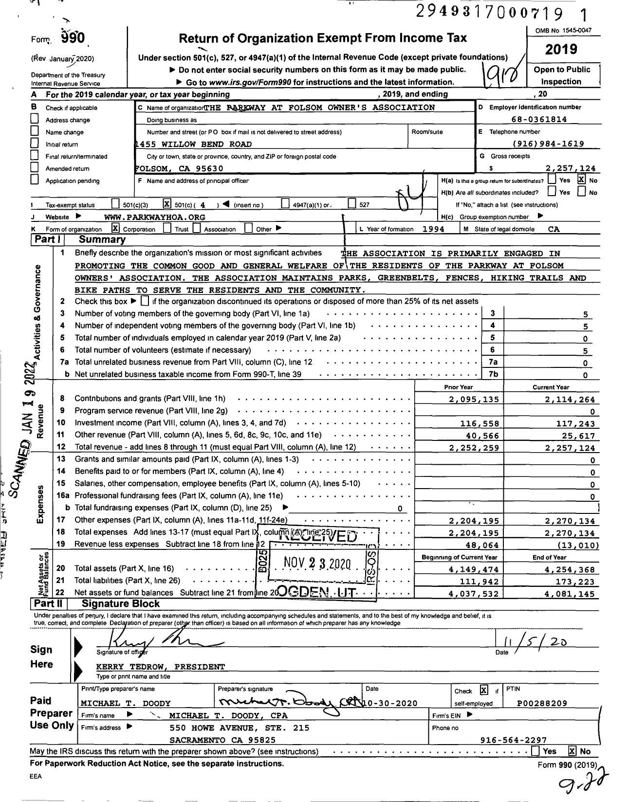 Image of first page of 2019 Form 990O for Parkway at Folsom Owners Association