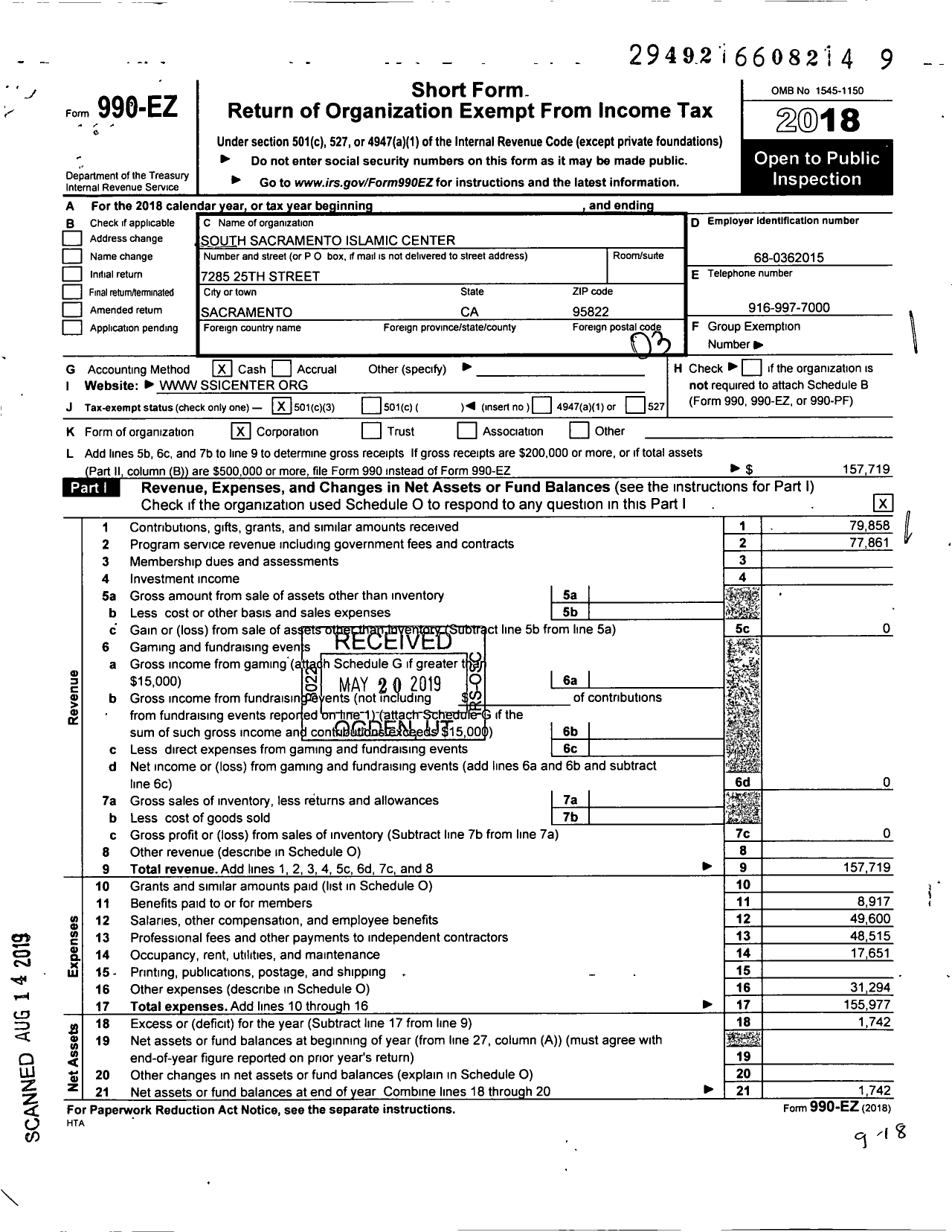 Image of first page of 2018 Form 990EZ for South Sacramento Islamic Center