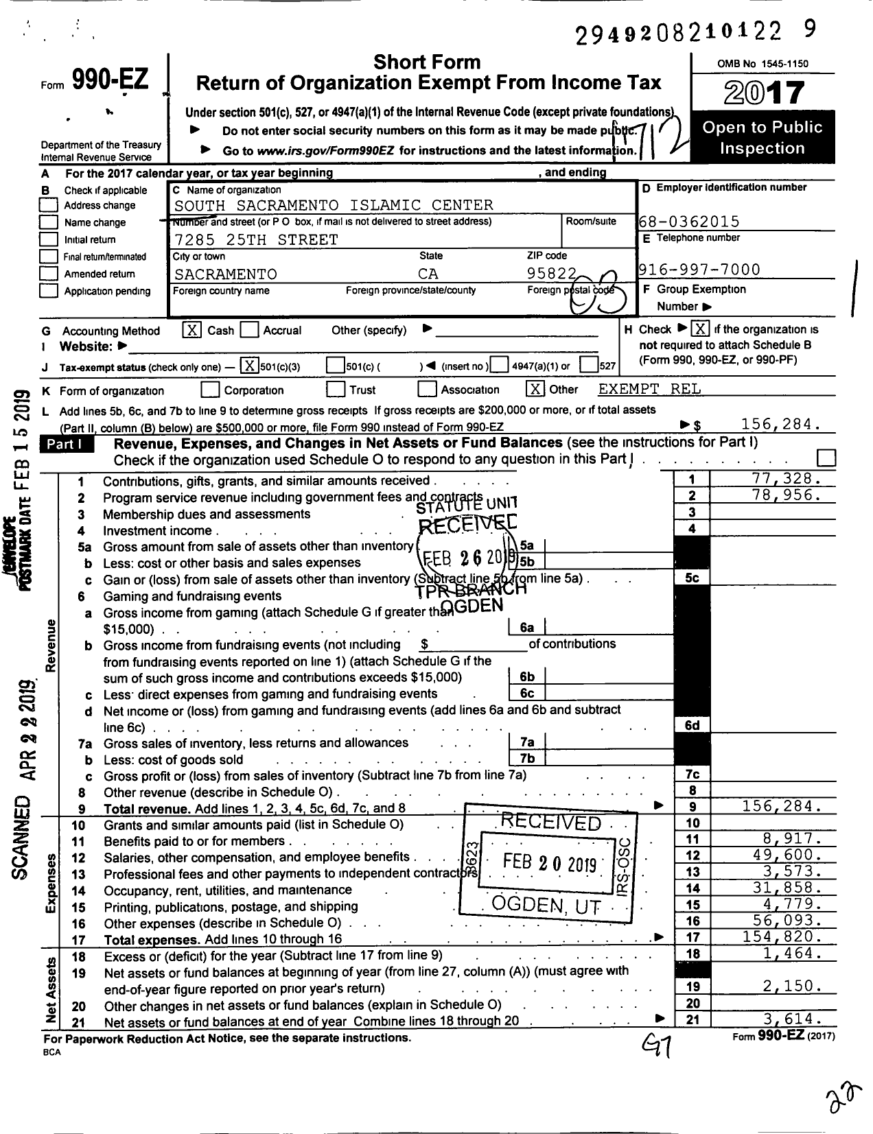 Image of first page of 2017 Form 990EZ for South Sacramento Islamic Center