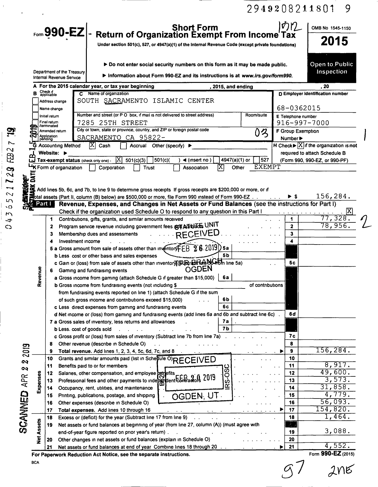 Image of first page of 2015 Form 990EZ for South Sacramento Islamic Center