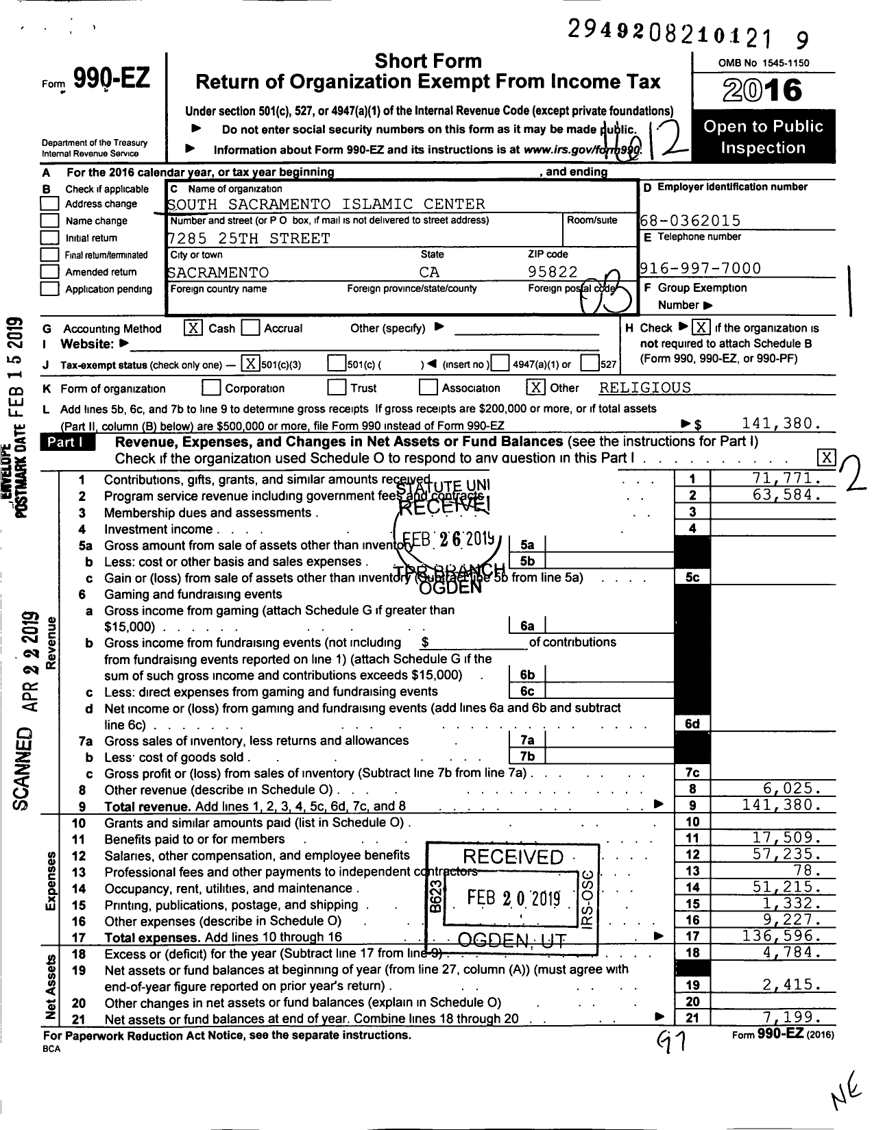 Image of first page of 2016 Form 990EZ for South Sacramento Islamic Center