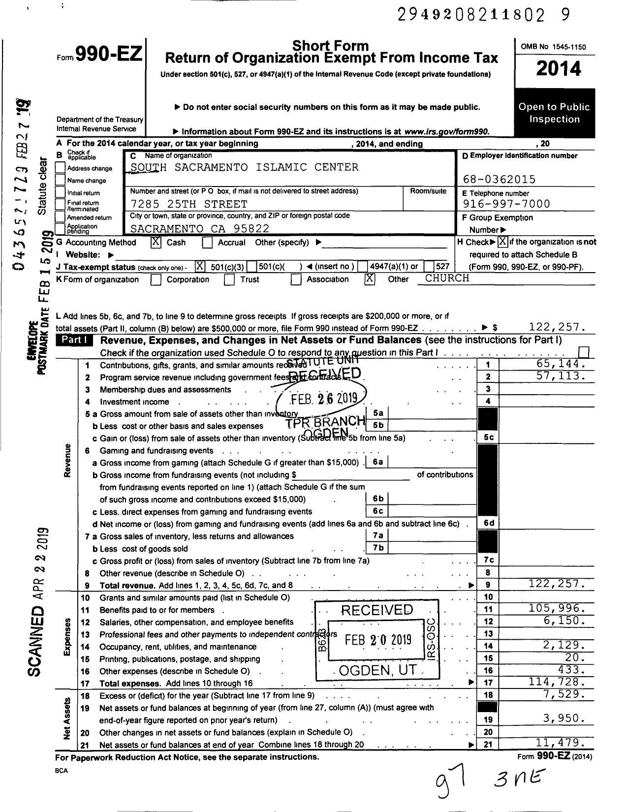 Image of first page of 2014 Form 990EZ for South Sacramento Islamic Center