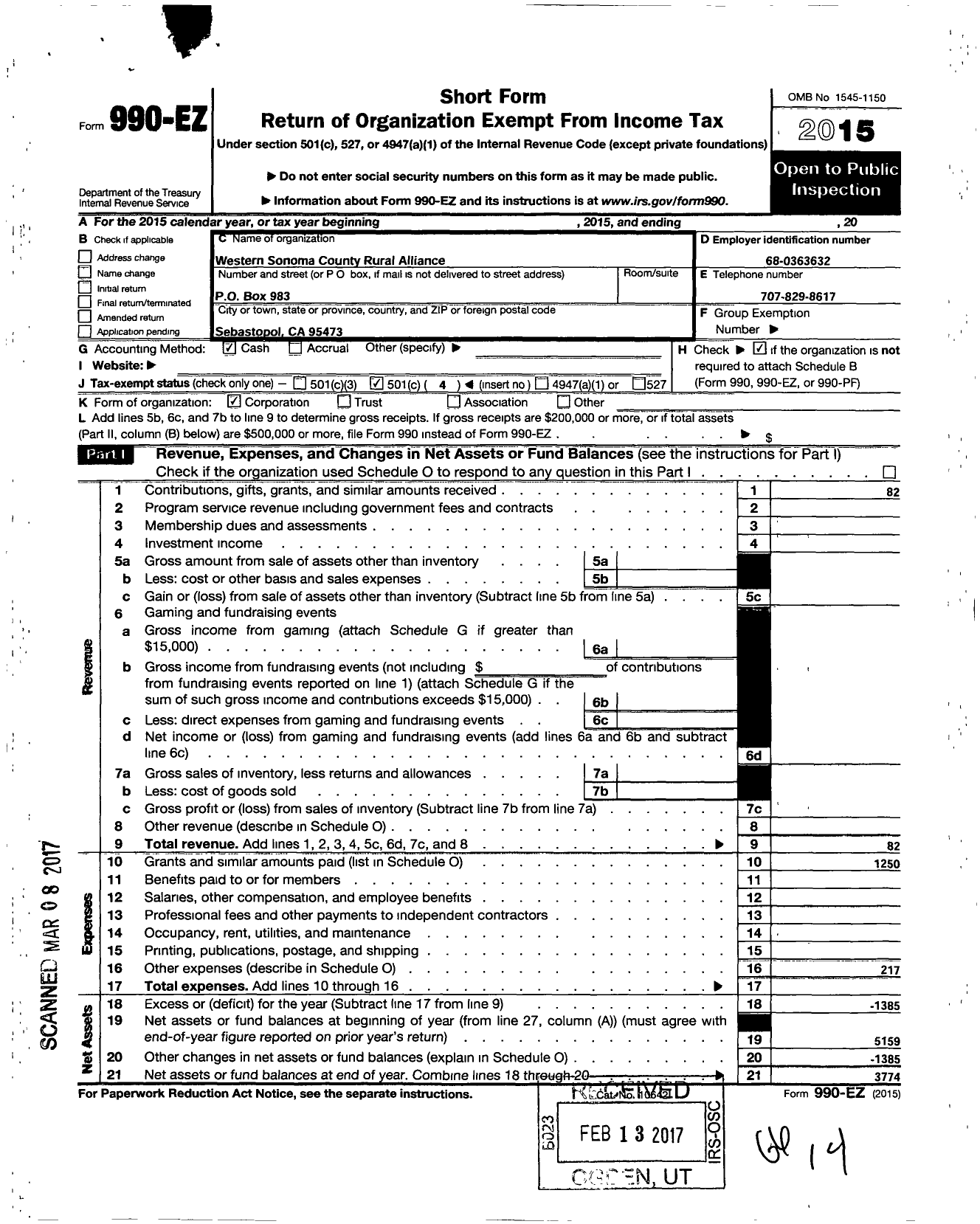 Image of first page of 2015 Form 990EO for Western Sonoma County Rural Alliance