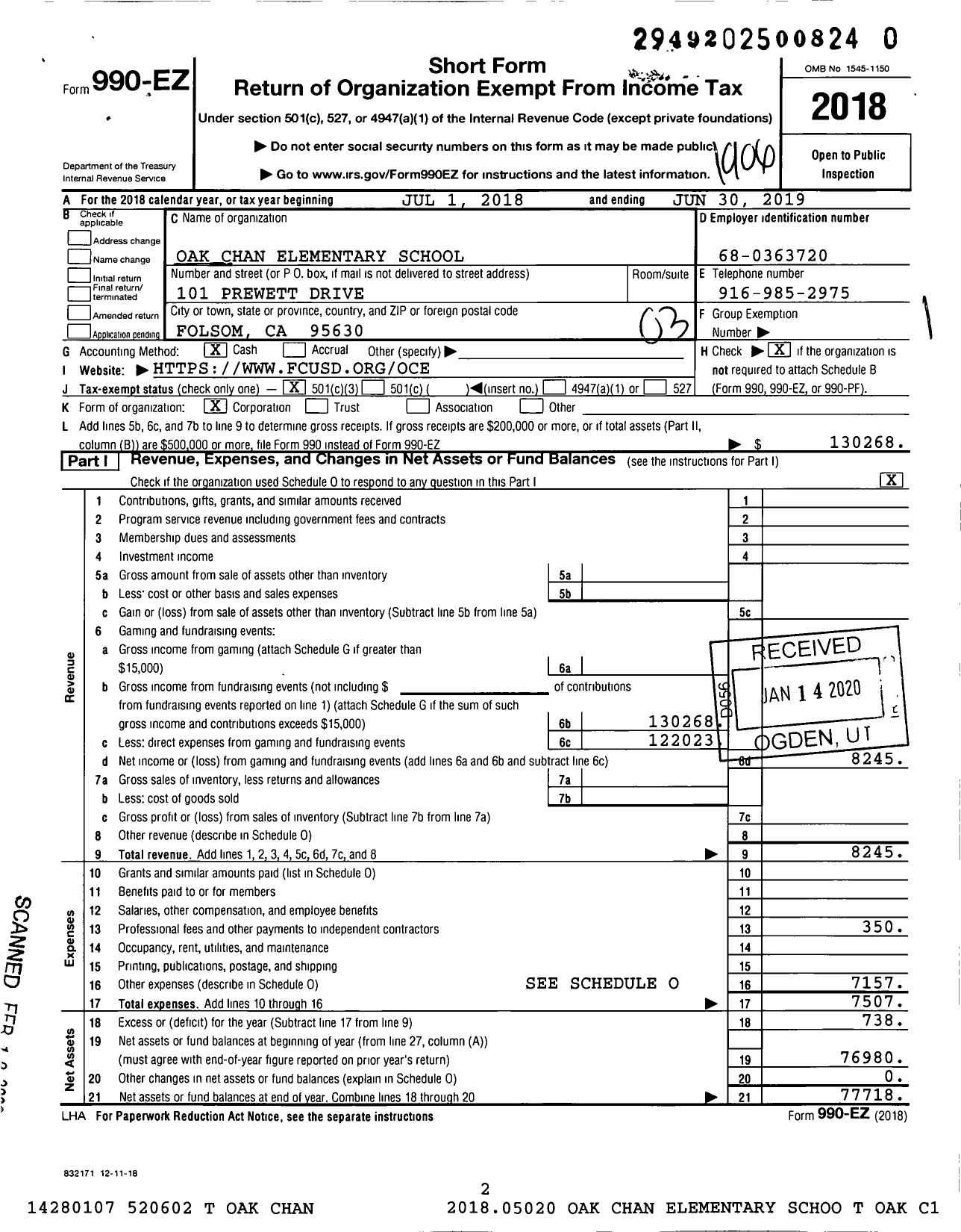 Image of first page of 2018 Form 990EZ for Oak Chan Elementary School Pto