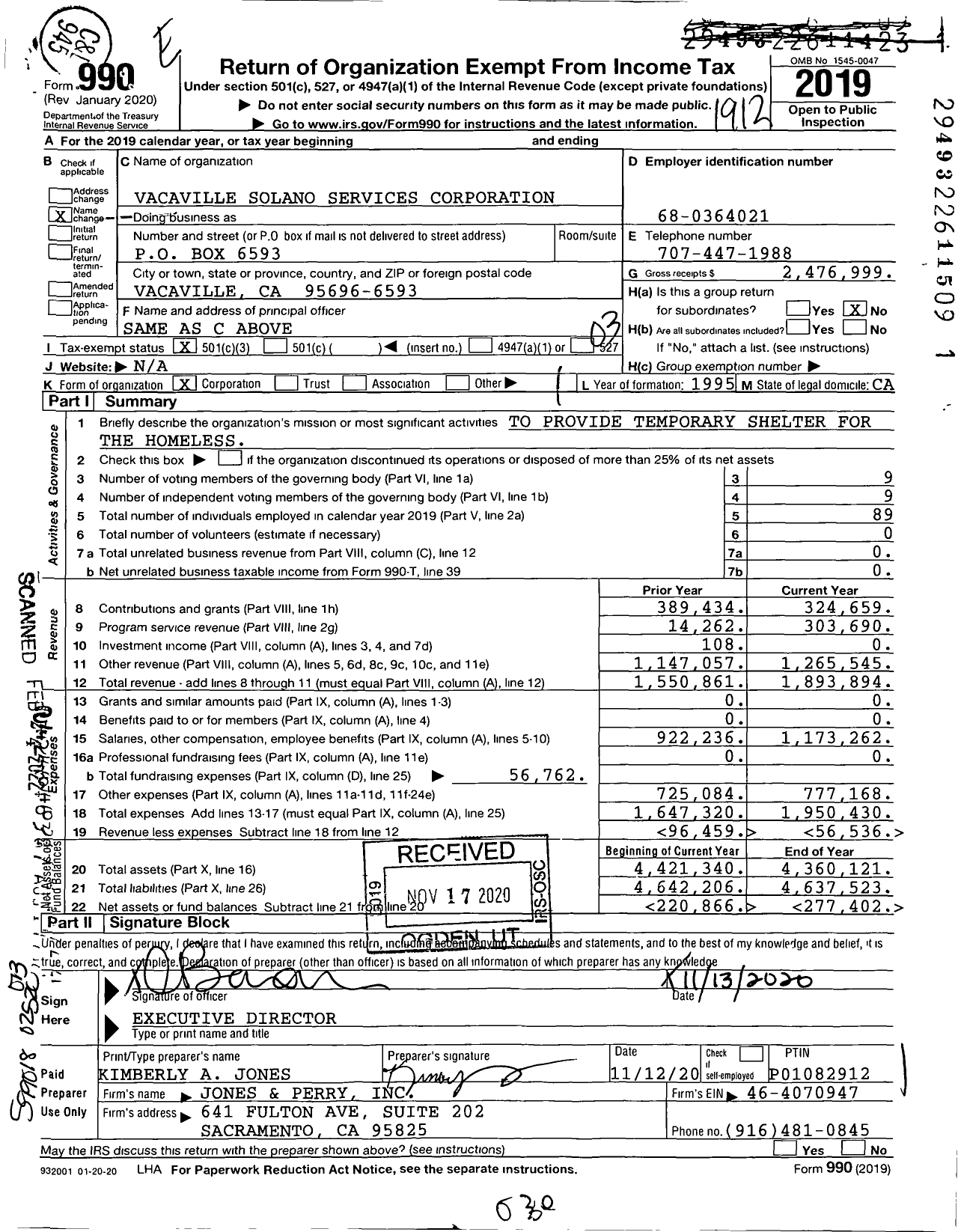 Image of first page of 2019 Form 990 for Vacaville Solano Services Corporation