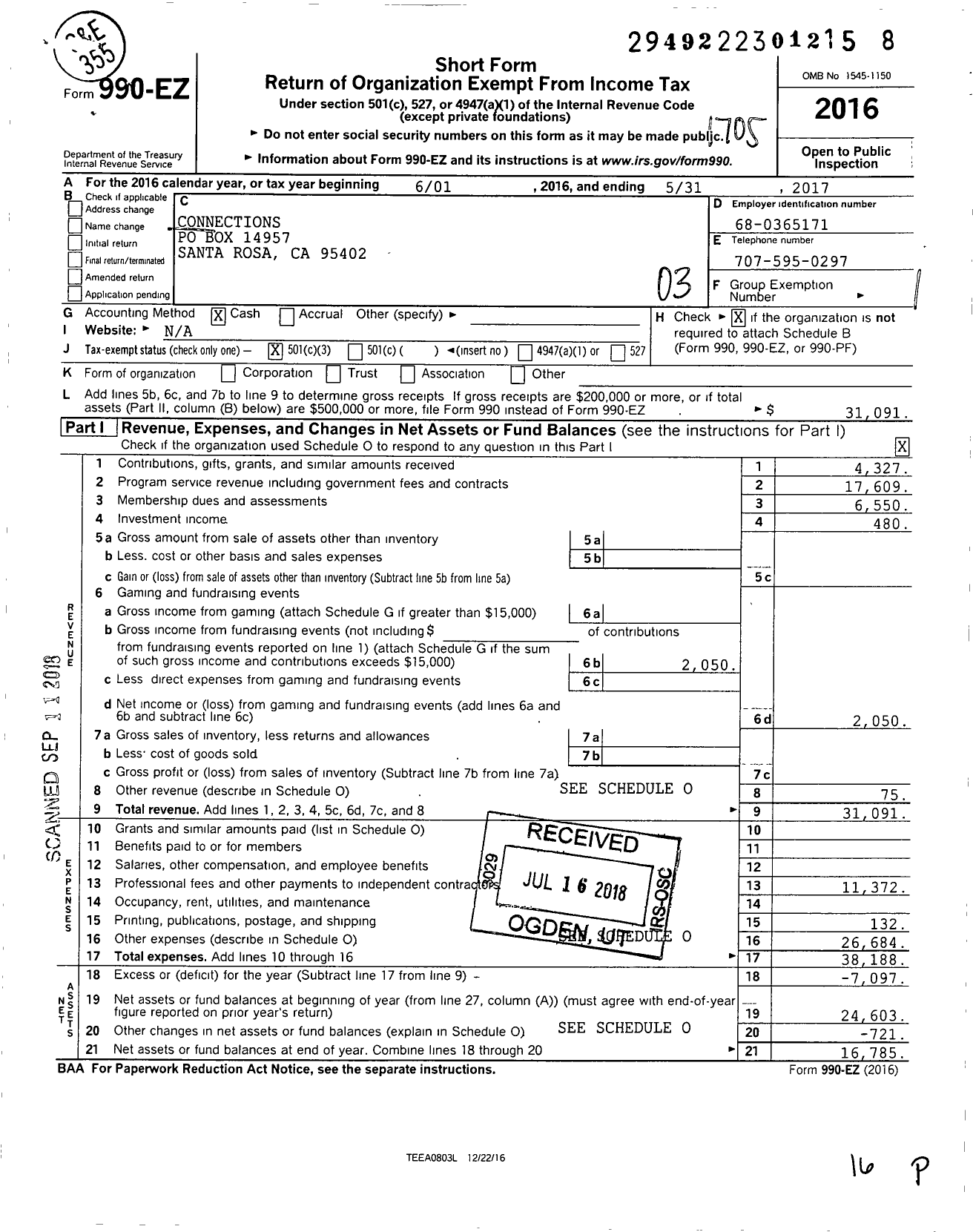Image of first page of 2016 Form 990EZ for Connections-A Forum for Women in Business
