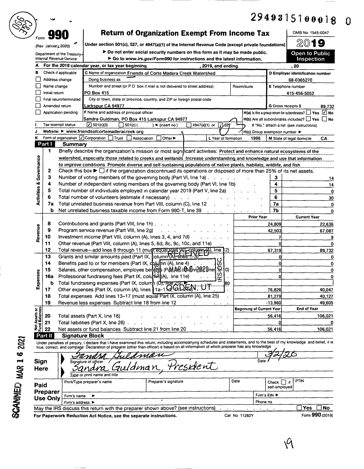 Image of first page of 2019 Form 990 for Friends of Corte Madera Creek Watershed