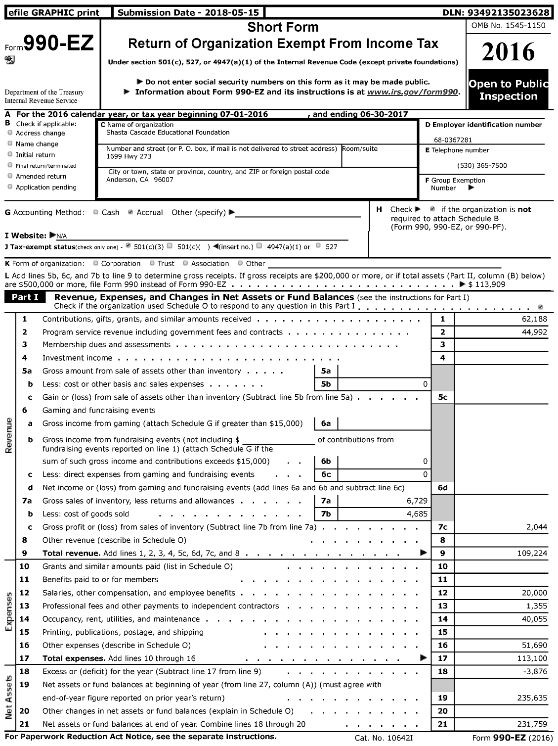 Image of first page of 2016 Form 990EZ for Shasta Cascade Educational Foundation