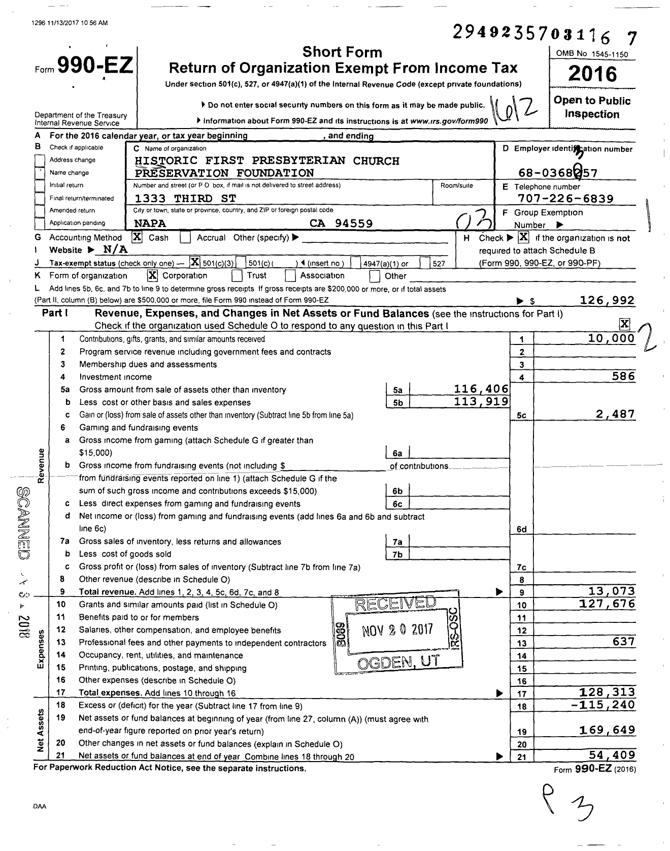 Image of first page of 2016 Form 990EZ for Historic First Presbyterian Church Preservation Foundation