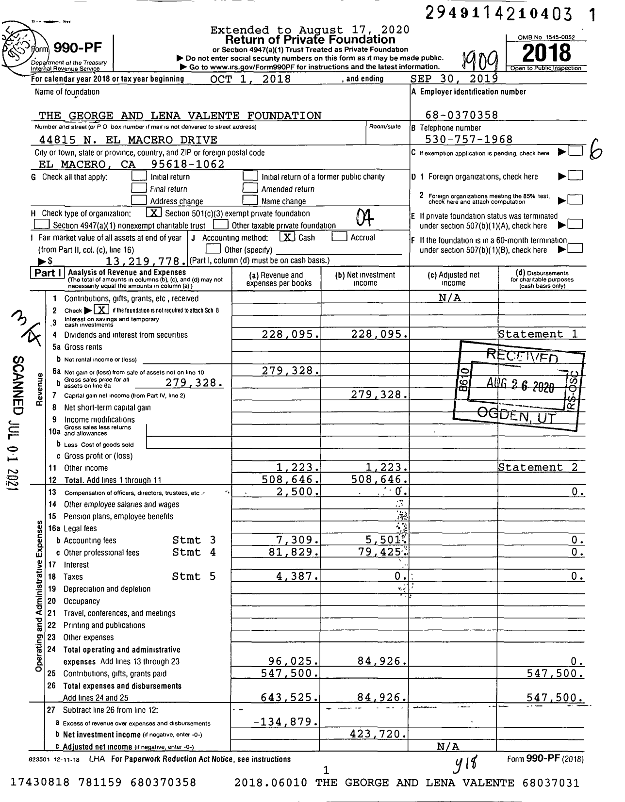 Image of first page of 2018 Form 990PF for The George and Lena Valente Foundation