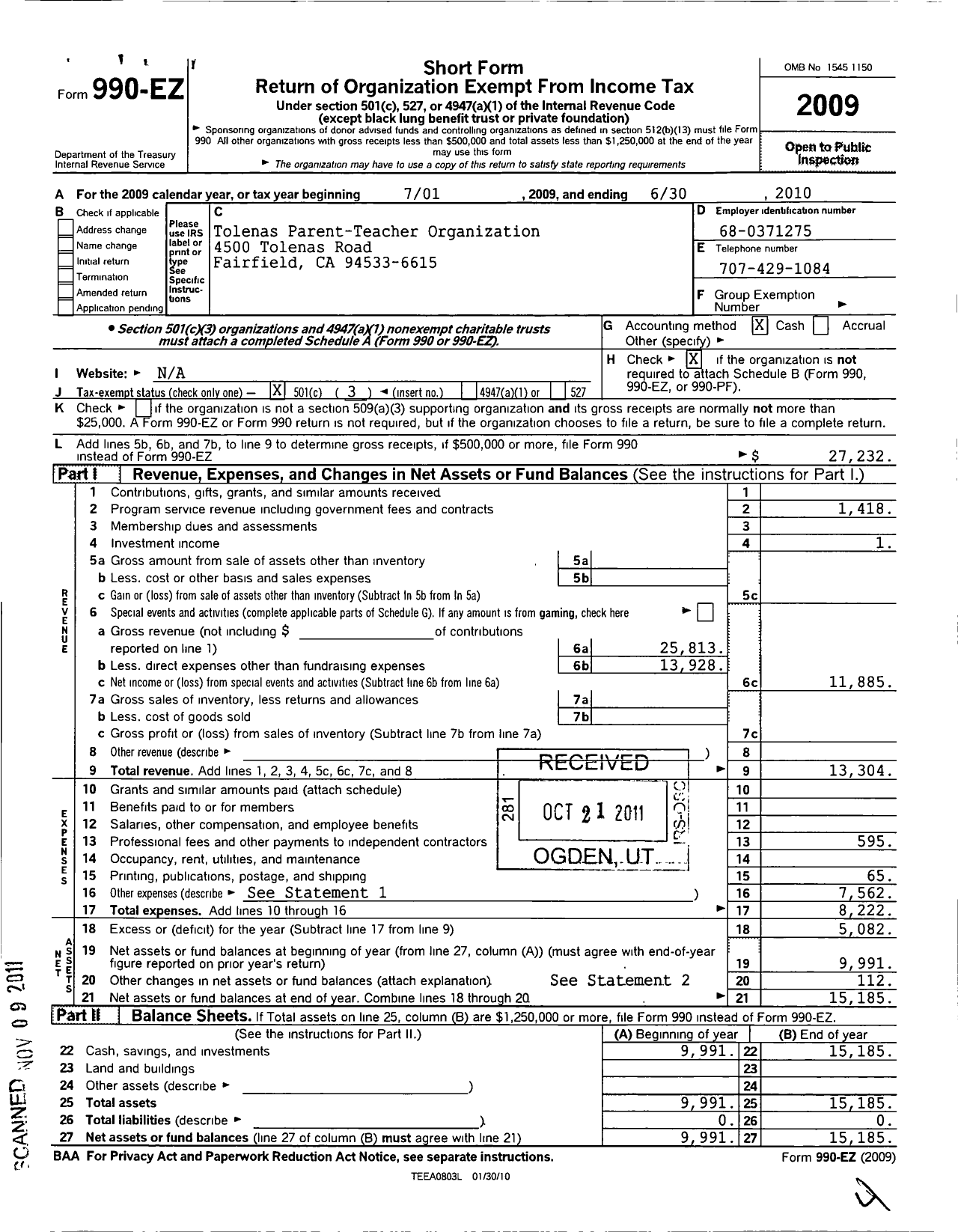 Image of first page of 2009 Form 990EZ for Tolenas Parent Teacher Organization