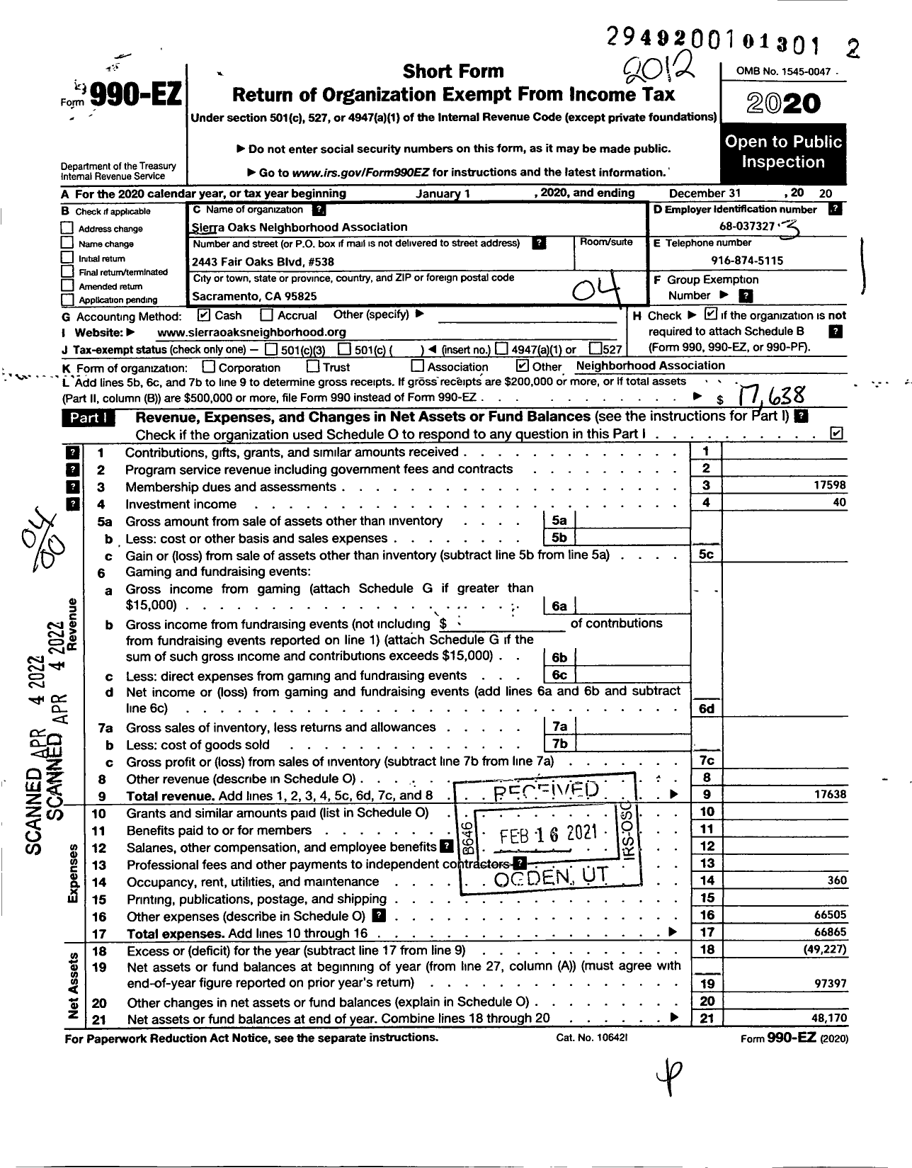 Image of first page of 2020 Form 990EO for Sierra Oaks Neighborhood Association