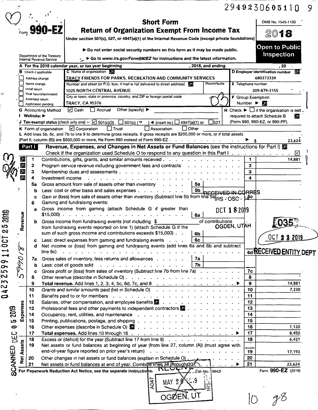 Image of first page of 2018 Form 990EZ for Tracy Friends for Parks Recreation and Community Services