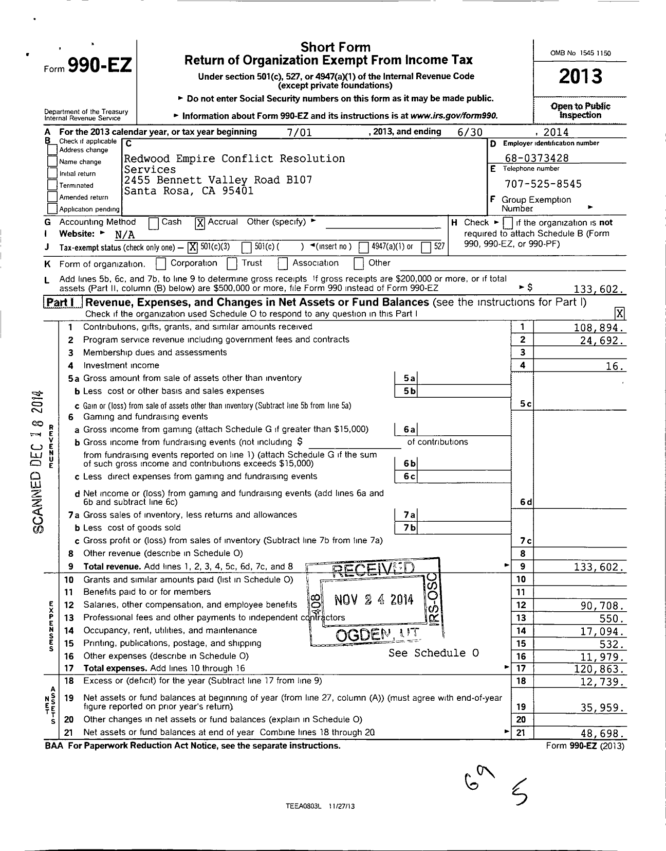 Image of first page of 2013 Form 990EZ for Redwood Empire Conflict Resolution Services