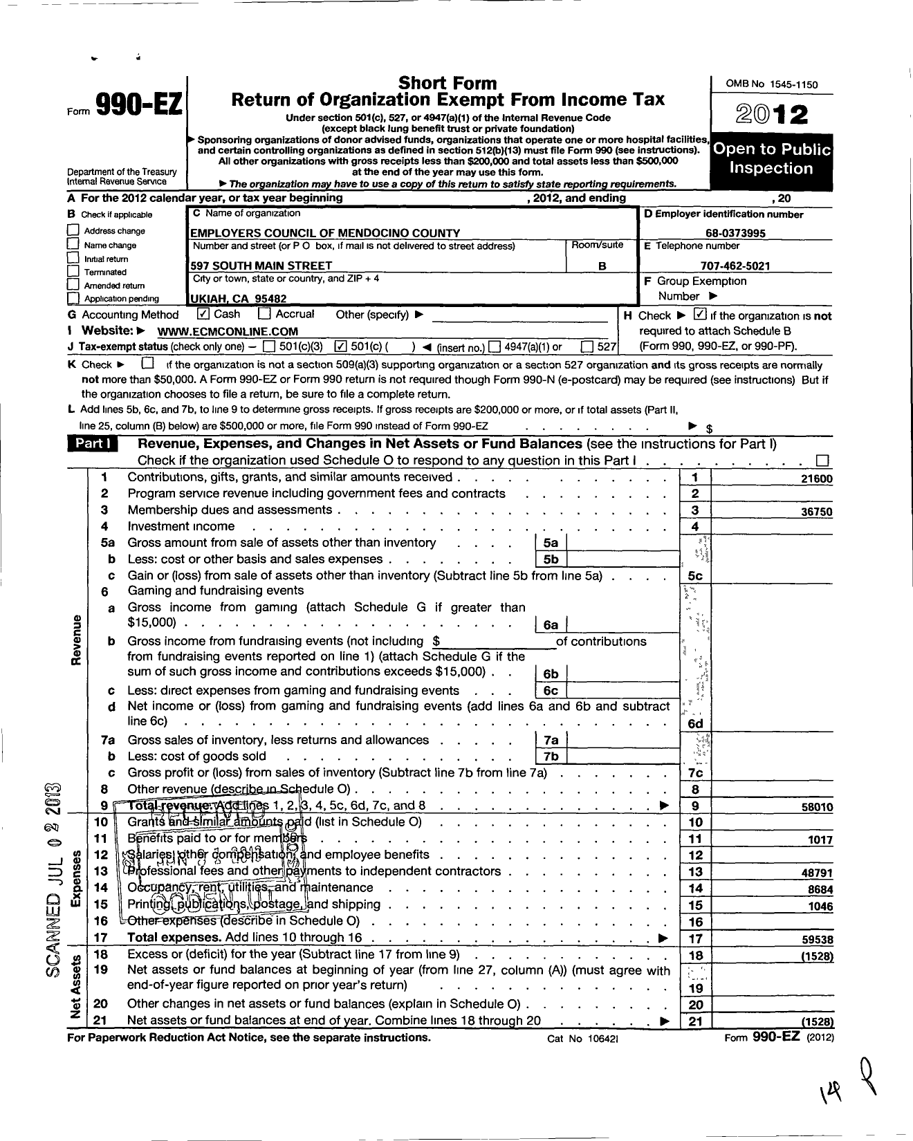 Image of first page of 2012 Form 990EO for Mendocino County Employers Council