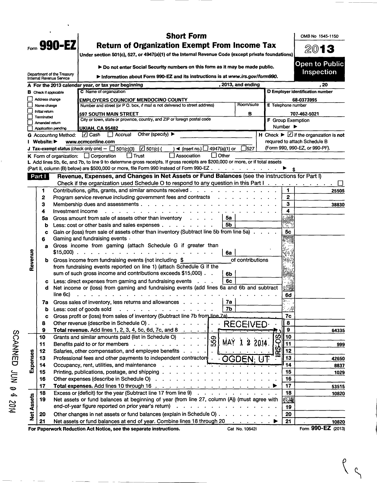 Image of first page of 2013 Form 990EO for Mendocino County Employers Council