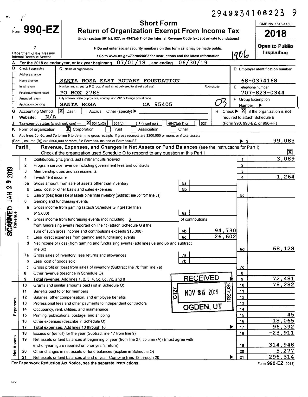 Image of first page of 2018 Form 990EZ for Rotary Club of Santa Rosa Eastwest Foundation