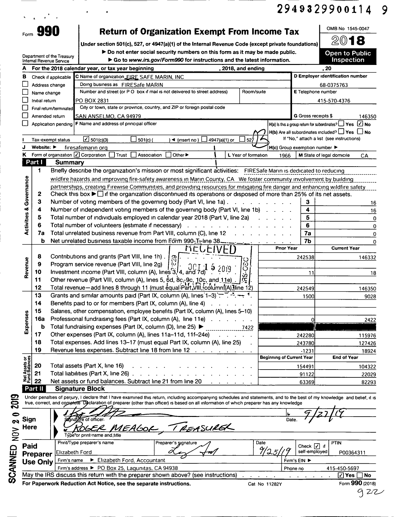 Image of first page of 2018 Form 990 for Fire Safe Marin