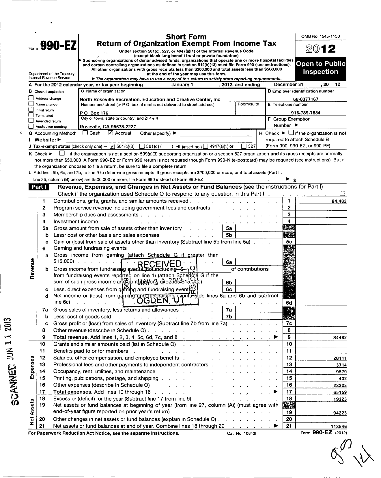 Image of first page of 2012 Form 990EZ for Excel Roseville