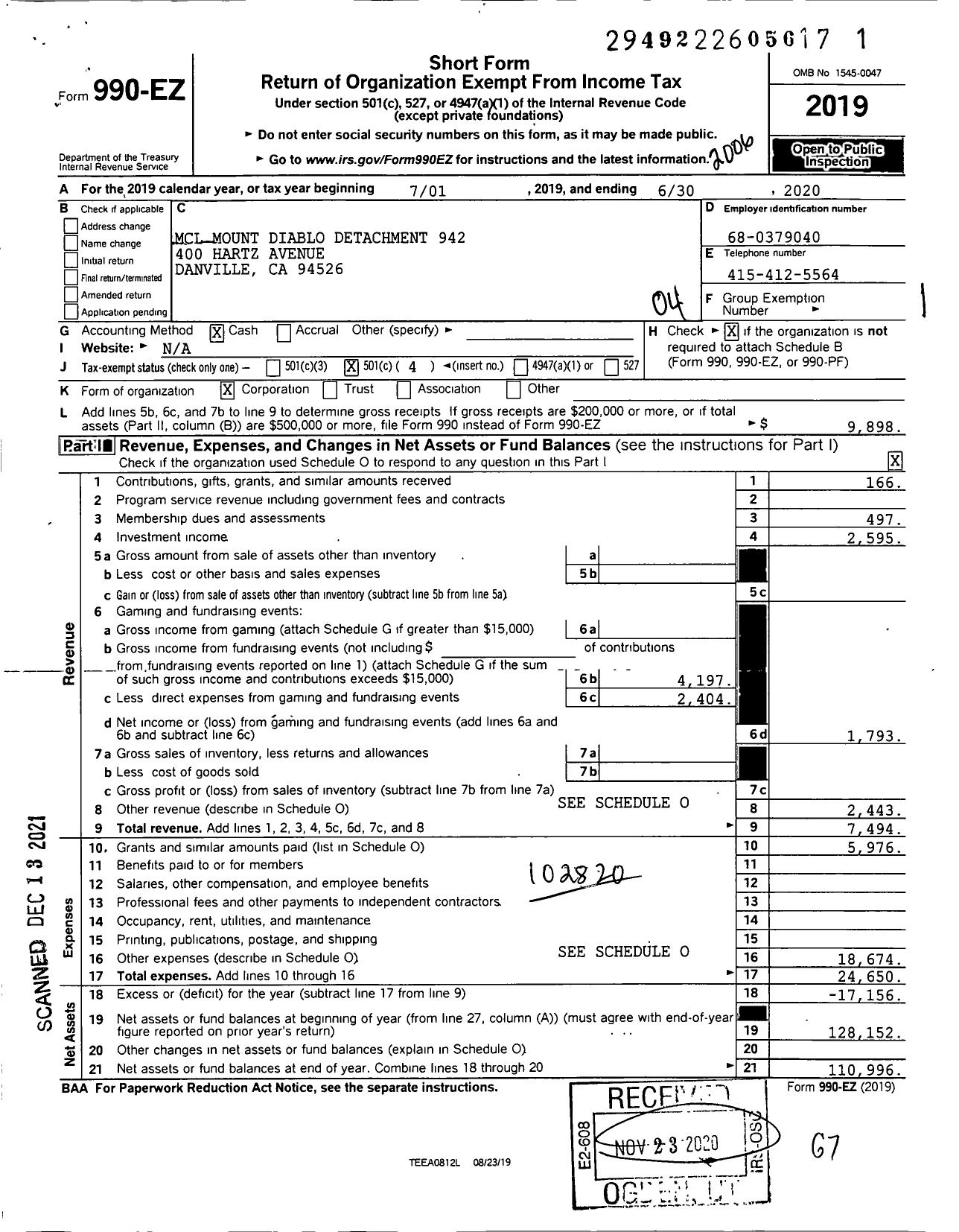 Image of first page of 2019 Form 990EO for Marine Corps League - 942 MCL MT Diablo Det
