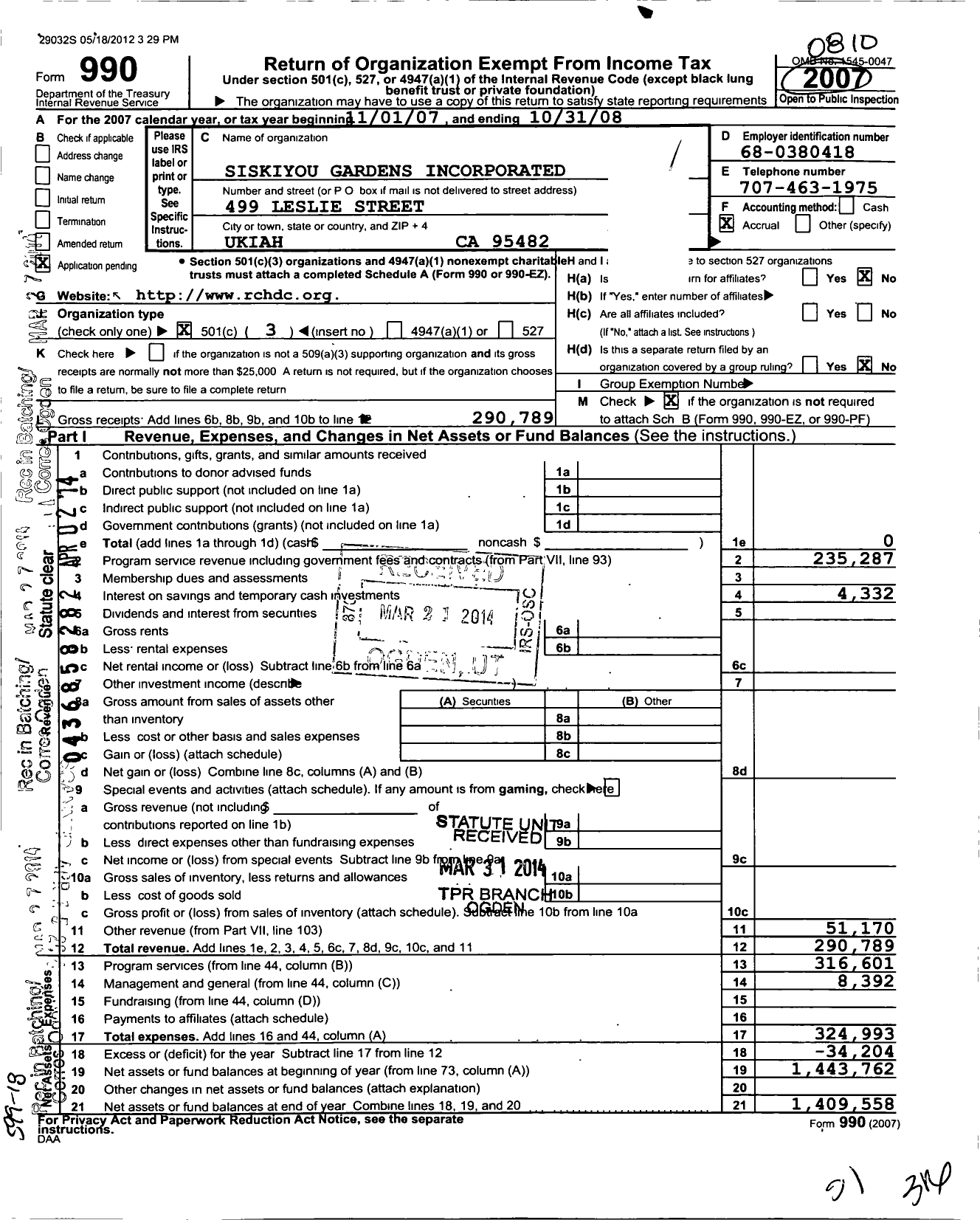 Image of first page of 2007 Form 990 for Rural Community Housing Development Corporation / Siskiyou Gardens Incorporated