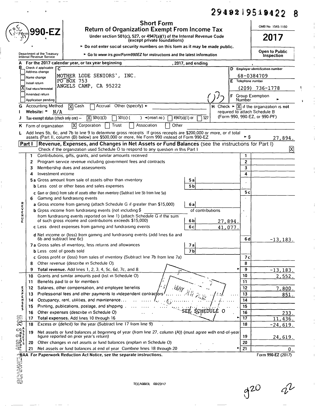 Image of first page of 2017 Form 990EZ for Mother Lode Seniors