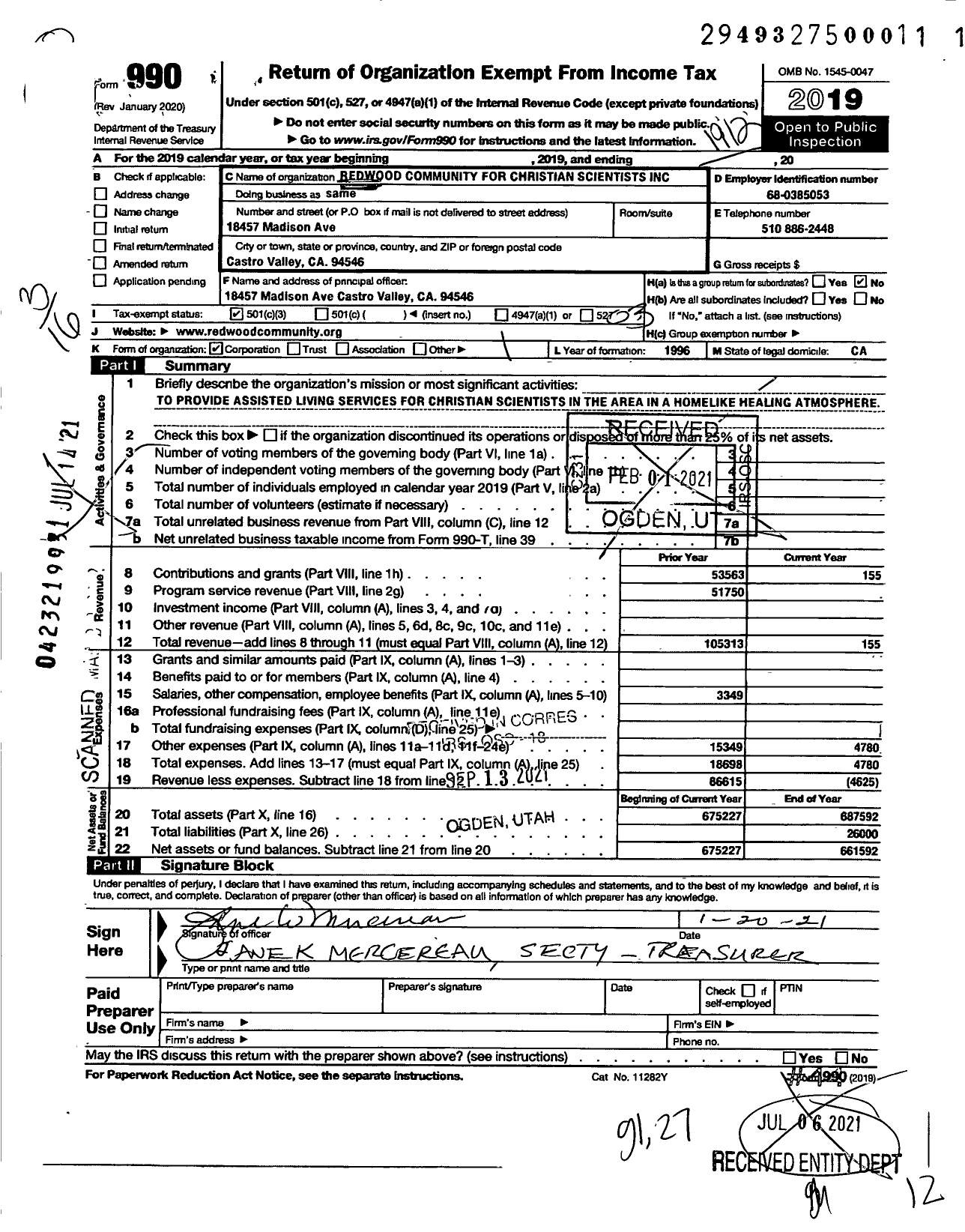 Image of first page of 2019 Form 990 for Redwood Community for Christian Scientists