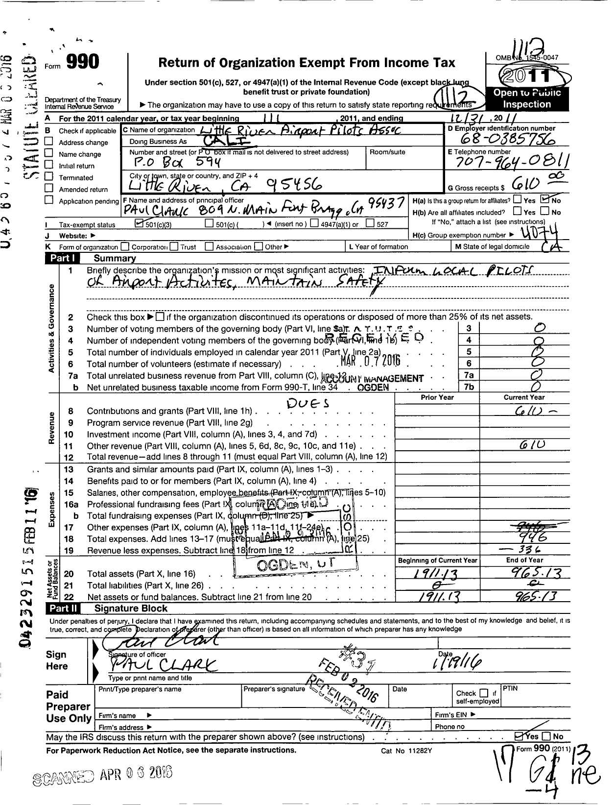 Image of first page of 2011 Form 990 for California Pilots Association / Little River Airport Pilots Assoc