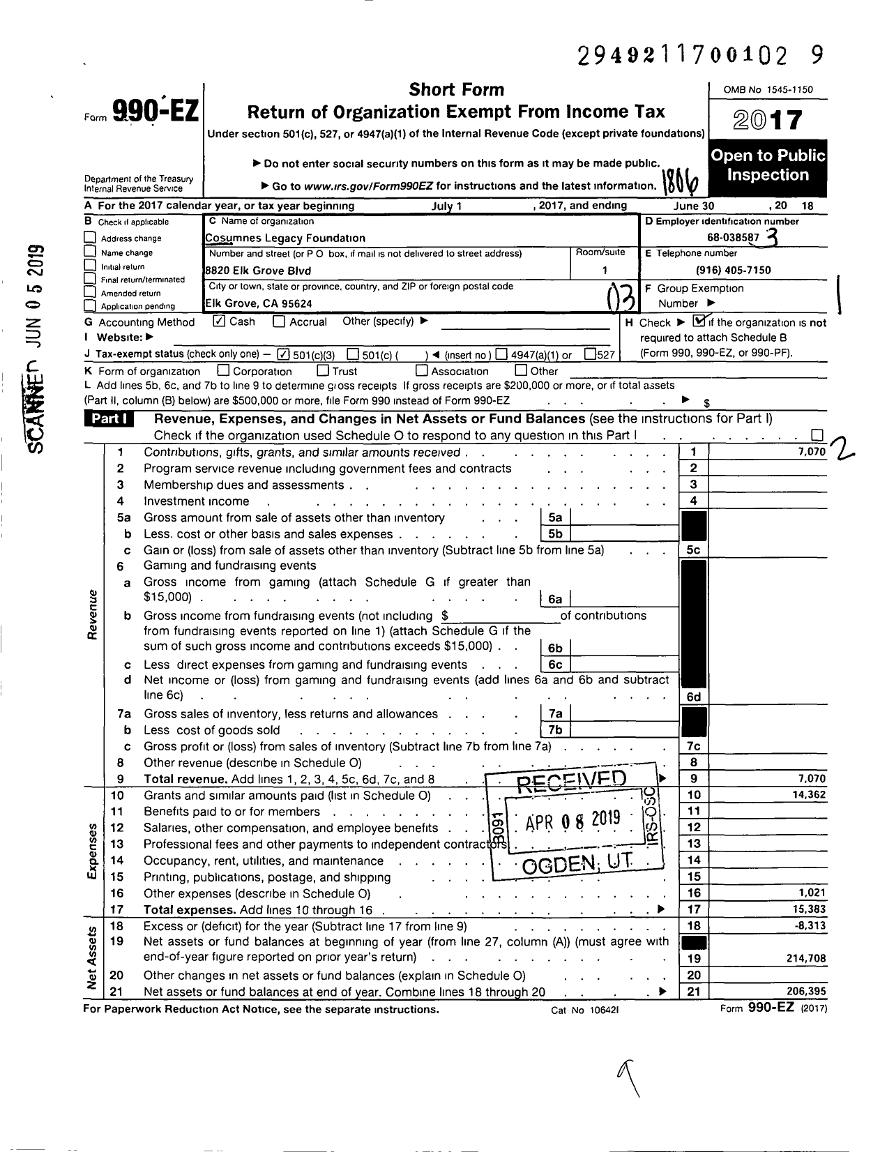 Image of first page of 2017 Form 990EZ for Cosumnes Legacy Foundation