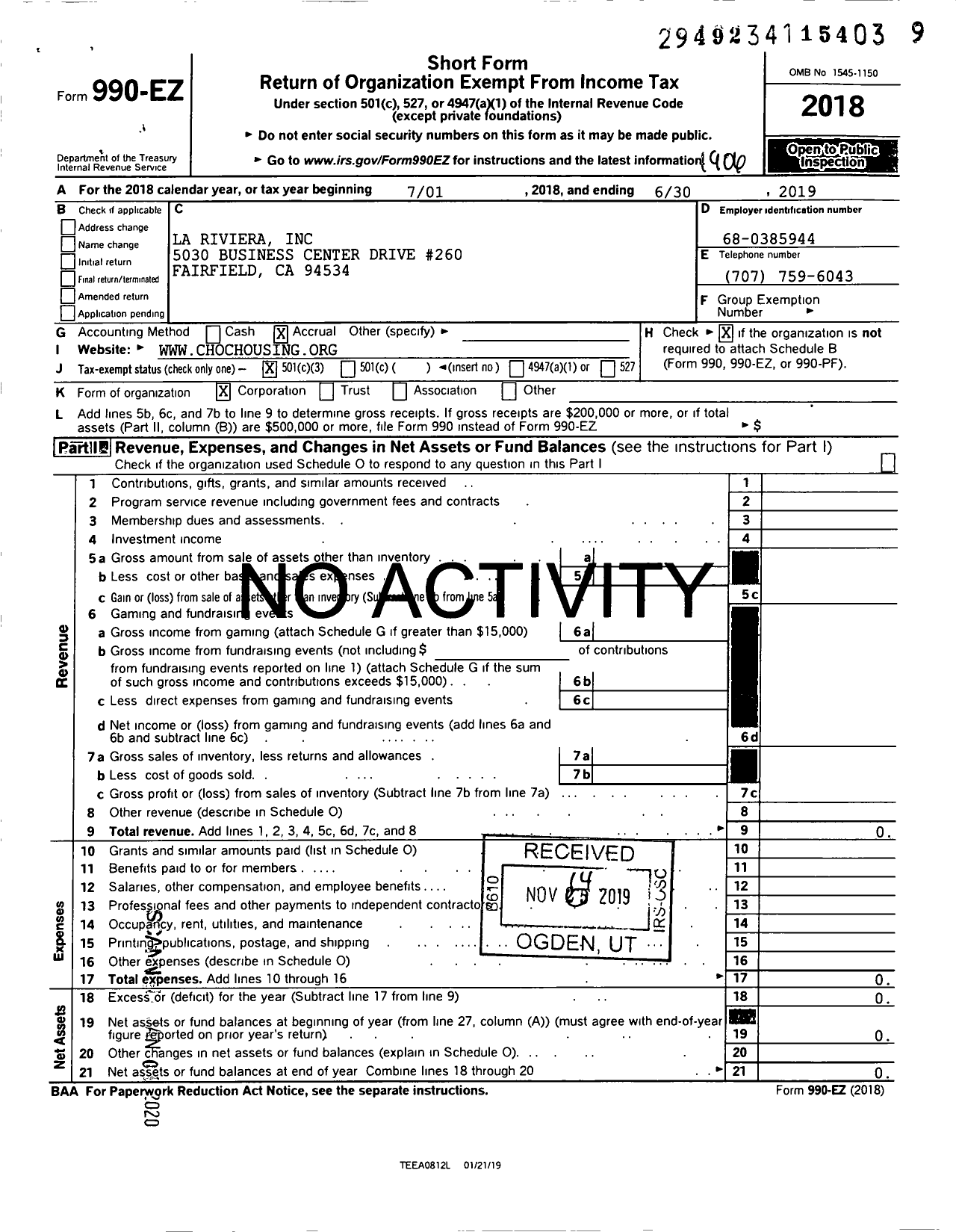 Image of first page of 2018 Form 990EZ for La Riviera