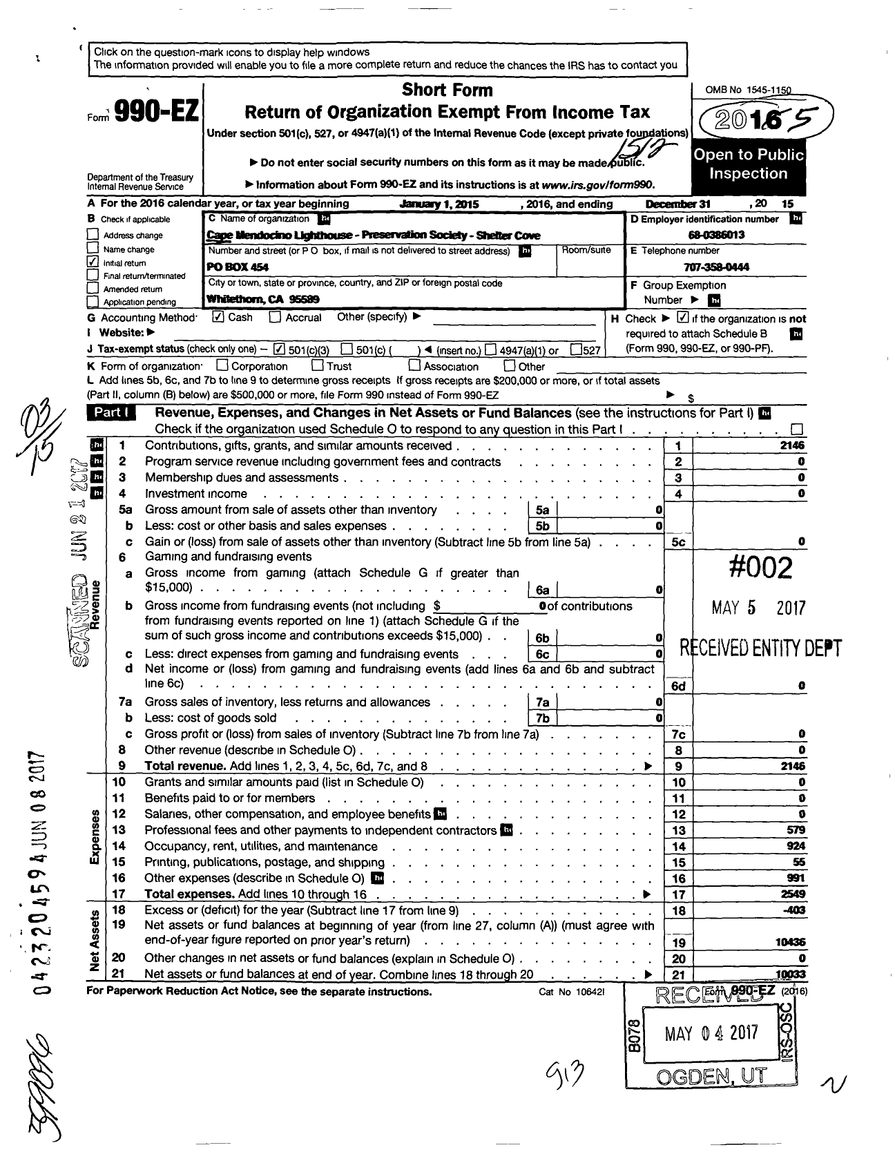 Image of first page of 2015 Form 990EZ for Cape Mendocino Lighthouse Preservation Society-Shelter Cove