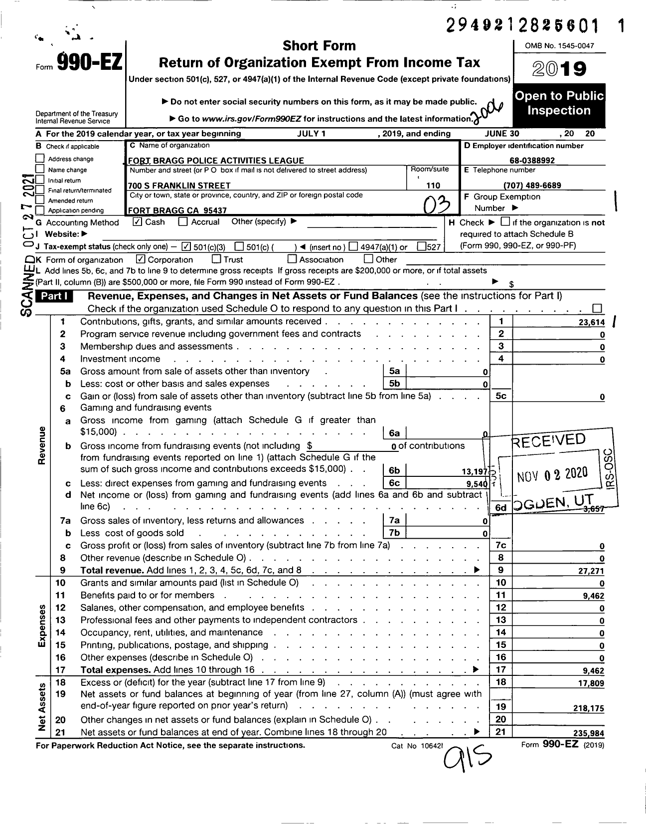 Image of first page of 2019 Form 990EZ for FORt BRAGG POLICE ACTIVITIES LEAGUE