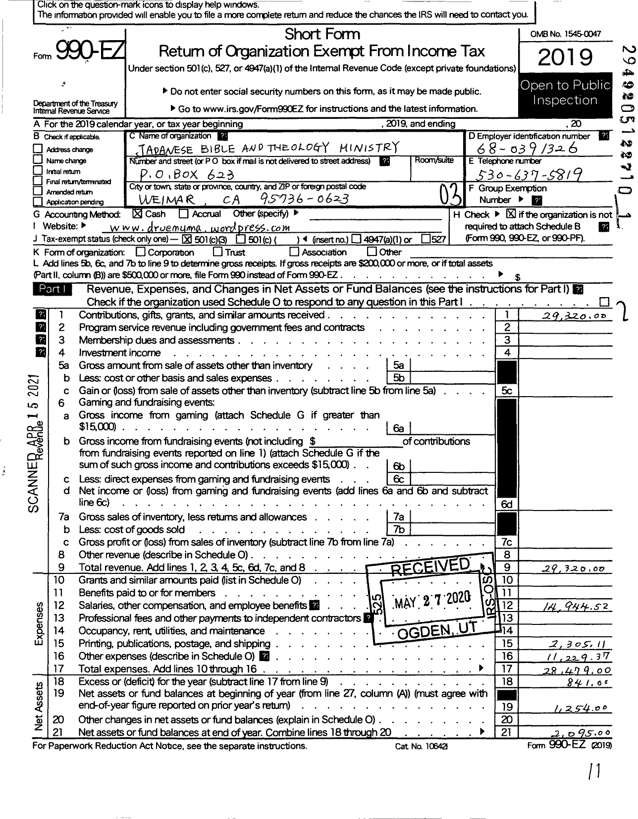 Image of first page of 2019 Form 990EZ for Japanese Bible and Theology Ministry (JBTM)