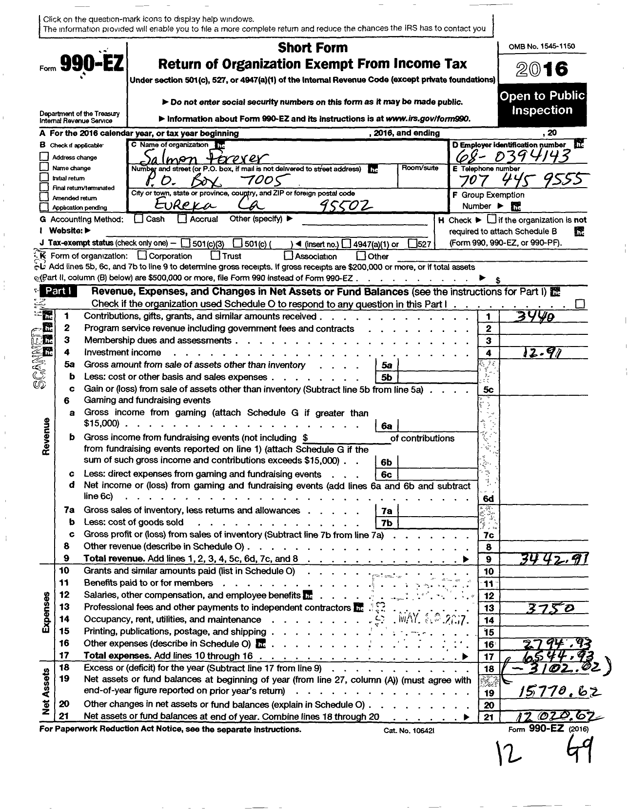 Image of first page of 2016 Form 990EO for Salmon Forever