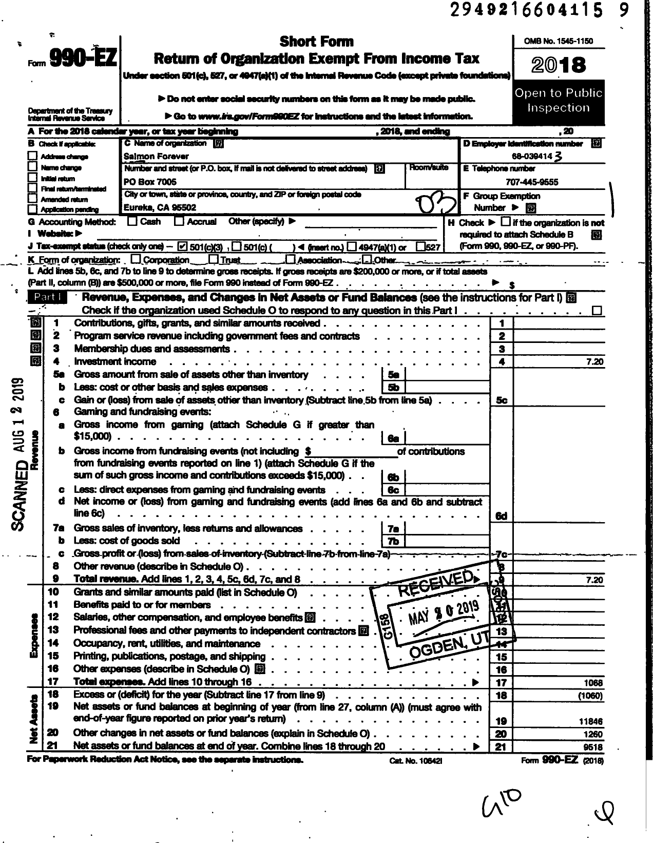 Image of first page of 2018 Form 990EZ for Salmon Forever