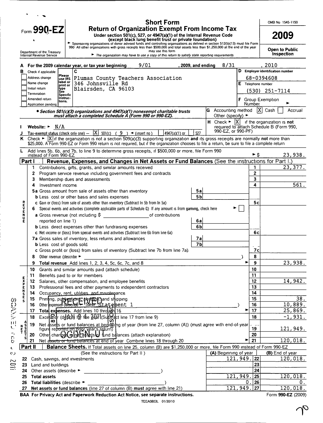 Image of first page of 2009 Form 990EO for California Teachers Association - California Teachers Association Plumas County Teachers Association