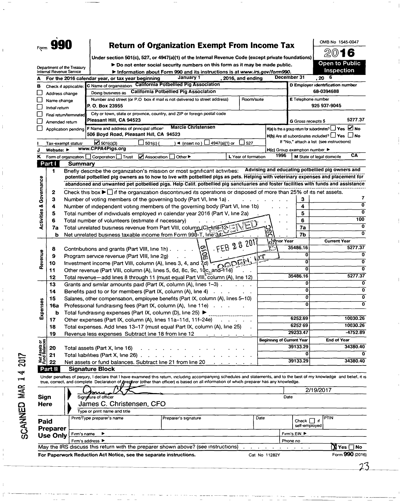 Image of first page of 2016 Form 990 for California Potbellied Pig Association